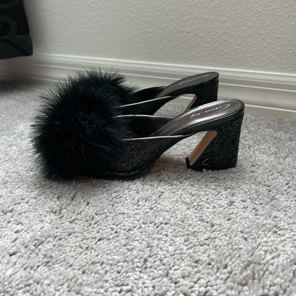 EUC Sam Edelman Black Pom-Pom Sequin Heels - Picture 6 of 10